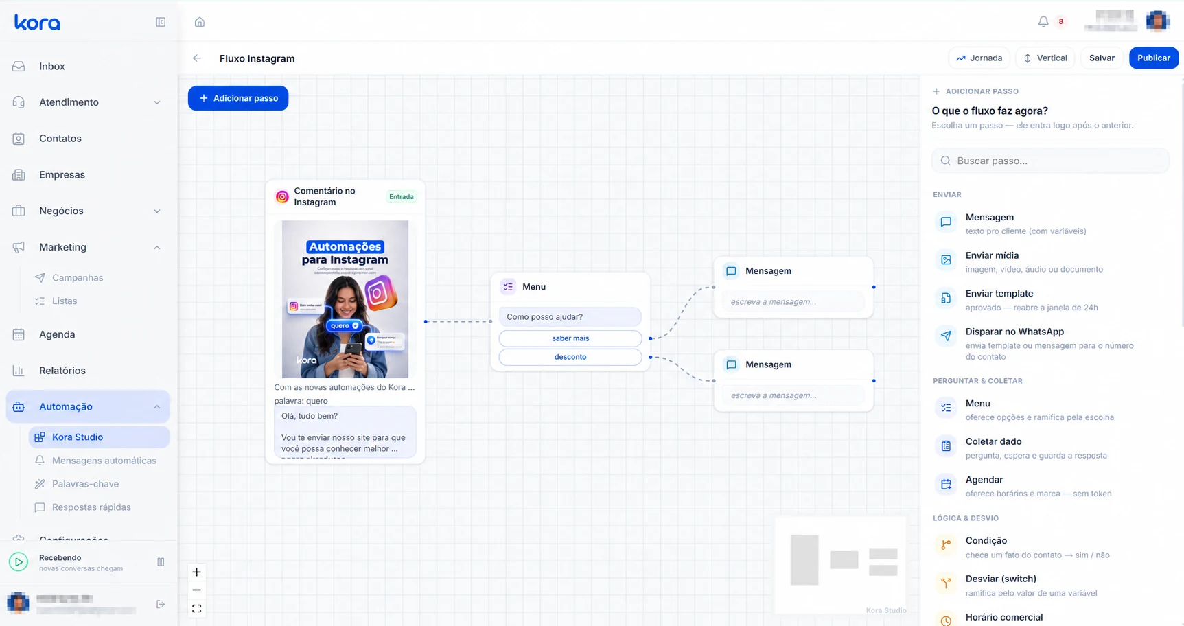 Fluxo no Kora Studio com entrada por comentário no Instagram, um menu com duas opções e uma mensagem para cada caminho