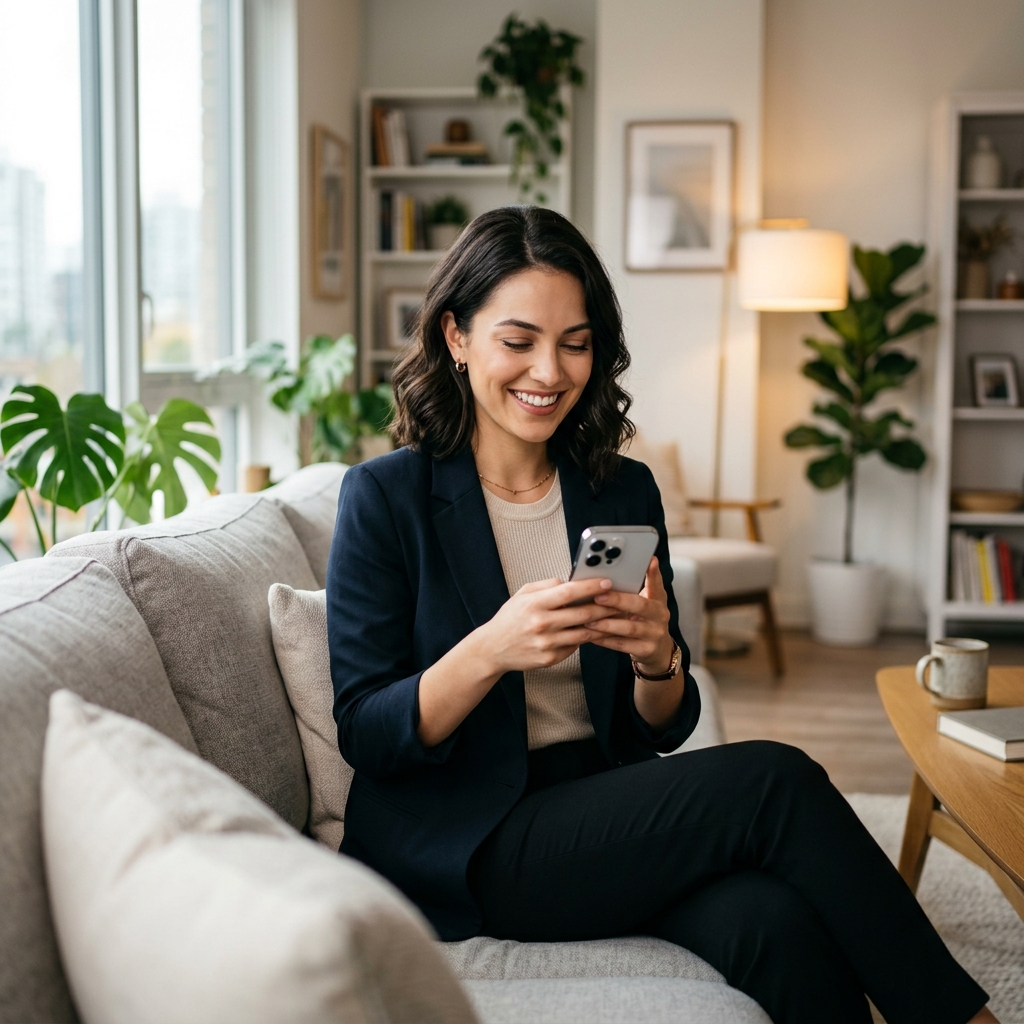 Mulher usando celular para acessar o sistema Kora
